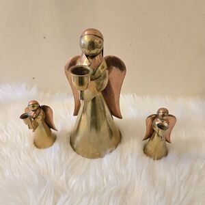 Vintage Elegant Brass Metal and Copper Angel Figurine Set of 3 Candle Holders